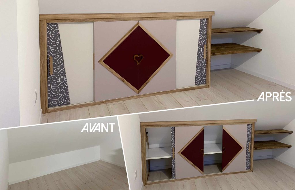 Aménagement de rangement sous-pente pour une chambre parentale, 100% Upcycling et 100% sur-mesure